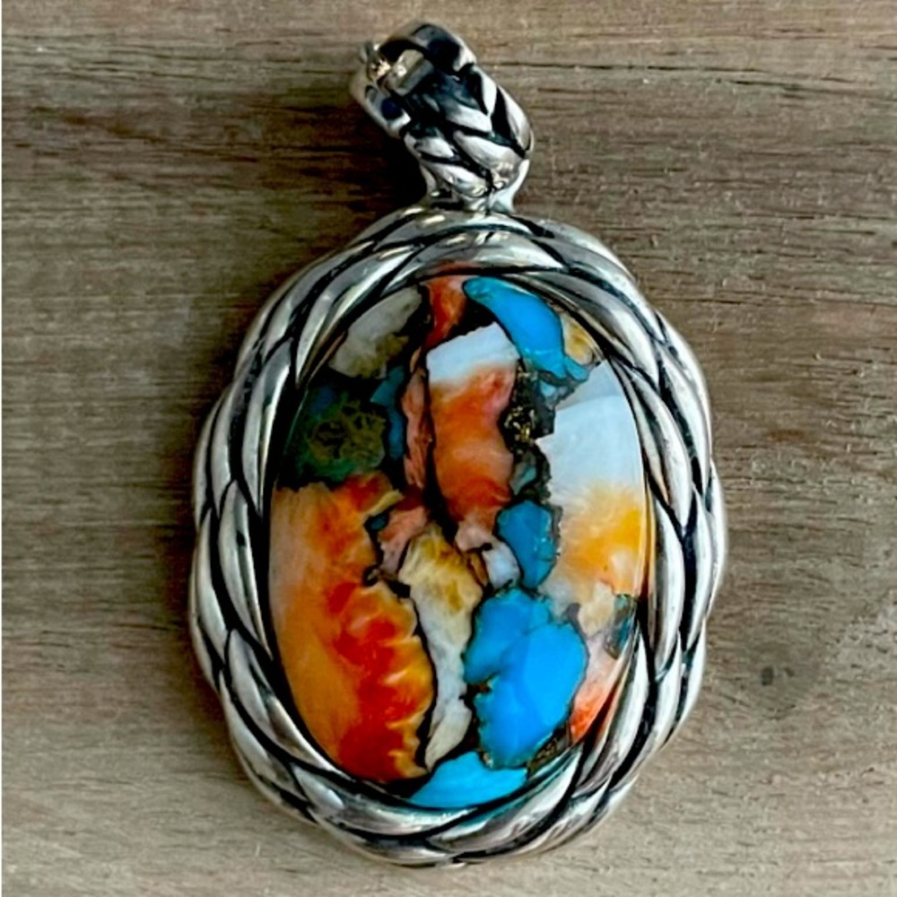 Tricolor Spiny Oyster Turquoise. Artisan Signed Sterling Braided Bezel Pendant.
